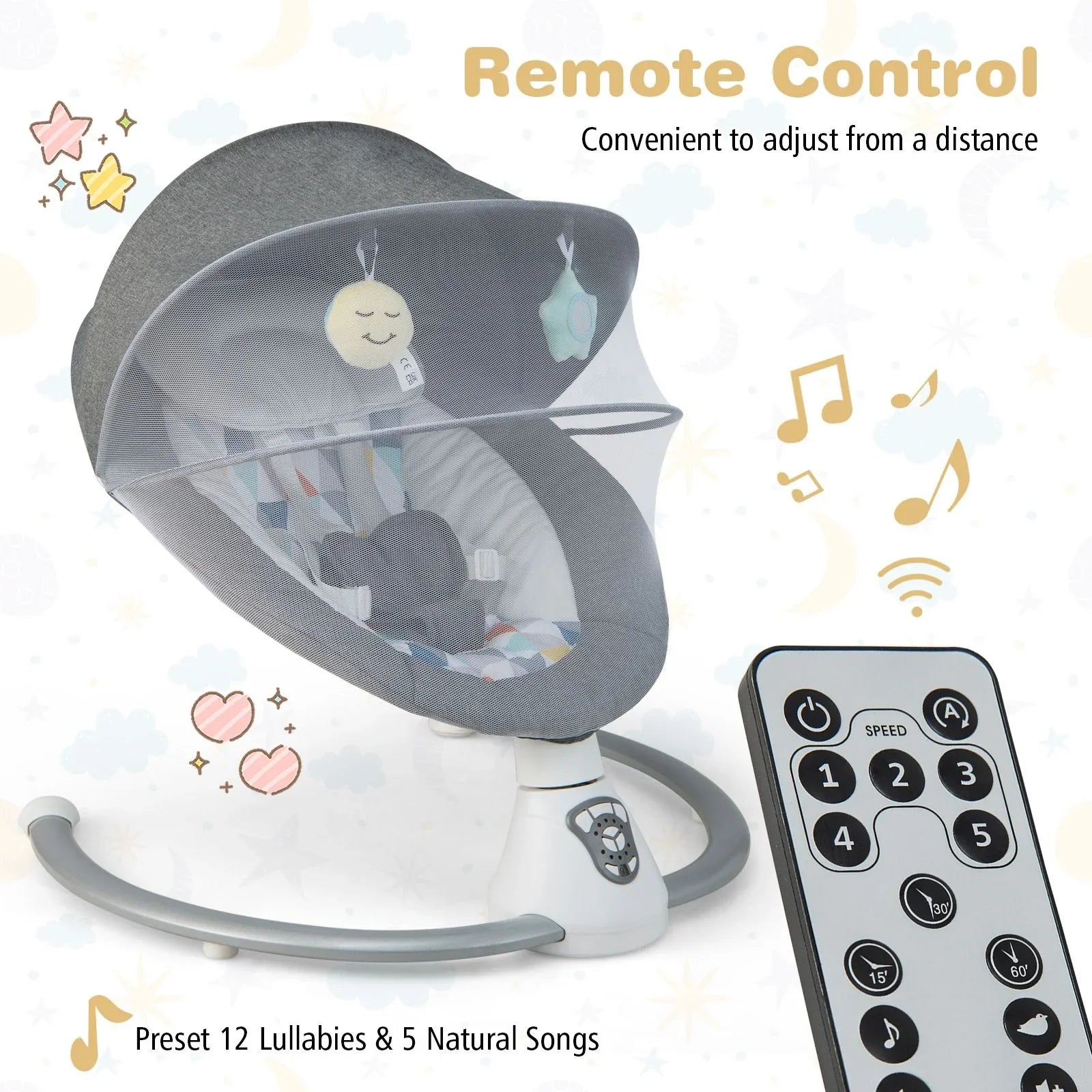 Baby Bouncer with 5 Swing Speeds and Built-In 17 Music for Newborn