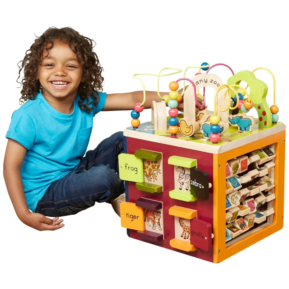 Zoo Toys Wooden Activity Cube – Bead Maze, Shape Sorter, Learning Activities & Educational Toy for Toddlers
