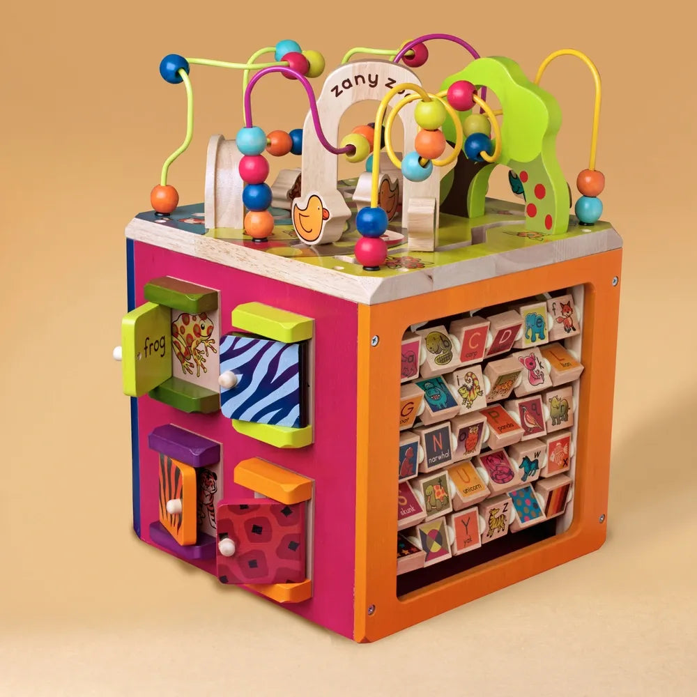 Zoo Toys Wooden Activity Cube – Bead Maze, Shape Sorter, Learning Activities & Educational Toy for Toddlers
